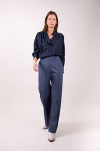 Pantalon Chloe taille haute en coton poids plume bleu baltique - BERNARD ZINS